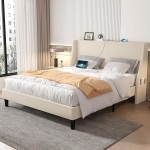 VECELO polsterdatud kaheinimese voodi 55" x 75" (140 x 190cm) Raske puust liistudega alus koos k&uuml;lgmiste hoiutaskute ja 2 USB pordiga Kaasaegne voodiraam, mida on lihtne kokku panna Beež