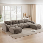 U-f&ouml;rmiges Modulsofa, rahmenloses Sofa, 4-Sitzer-Kombinationssofa-Set, inklusive 2 Hockern, geeignet f&uuml;r das Wohnzimmer, bequemer Stoff, Braun, Rutschfestes Design, Keine Montage erforderlich