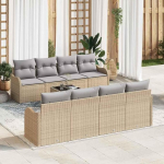 Poly-Rattan Gartensofa-Set Beige mit Tisch und Glasscheibe, Gartensofa-Set mit Vier Mittelsitzen und Zwei Arm-Sofas, Au&szlig;enm&ouml;bel f&uuml;r Garten und Terrasse