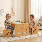 FUNLIO Montessori reguleeritava k&otilde;rgusega laste laud koos 2 tooliga 1-3-aastastele, kvaliteetne t&auml;ispuidust laste lauatoolide komplekt, lugemiseks / s&ouml;&ouml;miseks / m&auml;ngimiseks, lihtne kokku panna, ruudukujuline laud