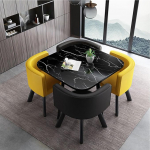 Modernes Esstisch-Set f&uuml;r 4 quadratische Holz-K&uuml;chentische mit 4 Lederst&uuml;hlen, ideal f&uuml;r kleine R&auml;ume, Fr&uuml;hst&uuml;cksbars, Konferenzr&auml;ume und Wohnzimmer, Schwarz und Gelb