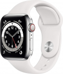 Apple Watch Series 6 (GPS + mobiilside, 40 mm) roostevabast terasest korpus h&otilde;bedane koos valge spordirihmaga (uuenenud)