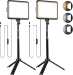 NiceVeedi 2 LED videovalgusti komplekt, 14 x 17 cm kaasaskantav fotostuudiovalgus koos reguleeritava statiiviga lauale, 2800 K - 6500 K USB dimmerdatav pehme valgustus suurendamiseks, m&auml;ngude striimimiseks, YouTube'ile, videole