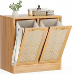 Pamapic W&auml;scheschrank mit 2 Abnehmbaren W&auml;schek&ouml;rben, Magnetverschluss & Echtes Rattan-Design, Badschrank mit W&auml;schekorb, W&auml;schekorb Schrank Kippschutz, 66 x 39,5 x 68 cm, Holzfarbe
