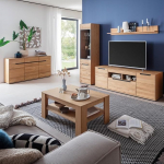 Lomadox Wohnm&ouml;bel Set Eiche teilmassiv modern 5-teilig, 1 Sideboard, 1 Vitrine, 1 Wandboard, 1 Lowboard, 1 Couchtisch, LED-Beleuchtung - Massivholz/Echtholz/Furniert