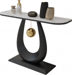 Eleganter Konsolentisch mit Rockboard-Platte und Eisengestell, schmaler Eingangstisch mit abgerundeten Kanten, geschwungenen Seiten und goldenen Akzenten f&uuml;r Foyer, Flur, Sofa (Schwarz & Wei