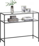 Vasagle LGT025B01 Console Table with 2 Shelves, Tempered Glass, Storage Shelf, Metal Frame, Adjustable Feet for Living Room, Hallway, Black