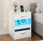 YITAHOME Bedside Table with LED Lights and Charging Station, Bedside Cabinet Bedside Table with Storage Drawers for Living Room Bedroom, 40 x 40 x 60 cm, White