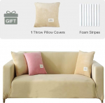 Velvet Sofa Cover 2 Seater - Soft High Stretch Non-Slip Couch Cover Sofa Protection, Plush Sofa Protective Covers with 1 Cushion Cover for Living Room (Beige Yellow, 2 Seater for 140-170 cm)