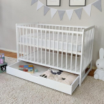 Kids Collective Baby Bed with Drawer Cot 60 x 120 cm Height Adjustable and Removable Rungs Optional with Mattress | White Very Stable Made in Europe | From Birth to 3 Years