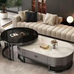 Kaasaegne ovaalne ja &uuml;mmargune kohvilaud, 2-osaline komplekt, stiilne minimalistlik terasraam, elutoa lauad v&auml;ikestesse ruumidesse, magamistuppa ja elutuppa (A 80 x 45 cm ja 120 x 60 x 38 cm)