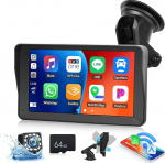 CAMECHO [2025] Navigatsiooniseade traadita Carplay Android autoga, 7-tolline HD puuteekraan koos Dual Bluetooth FM saatjaga, Airplay AUX kaabliga, armatuurlaua kinnitus, tagantvaate kaamera + 64G TF kaart