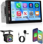 2 DIN autoraadio juhtmevaba Carplay & Android Car, 7-tolline IPS puuteekraaniga autoraadio koos Mirror Link, EQ, Bluetooth, FM-raadio, AUX/USB port, SWC + tagurduskaamera + mikrofoniga