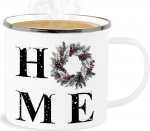 Emaille Becher Blechbecher - Weihnachtstasse Tasse - Motiv Home mit Weihnachtskranz I Wintermotiv Geschenk zur Winterzeit I Winter Geschenk Weihnachtszeit I Weihnachten - 300 ml - Wei&szlig; Silber