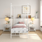 JURMERRY Single Canopy Bed Frame with Ornate European Style Headboard and Footboard Sturdy Steel Mattress Easy DIY Assembly All Parts