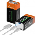 9V aku 3800mWh 2025 uuendatud Li Polymer laetav kodumajapidamises akud koos C-t&uuml;&uuml;pi laadimiskaabliga suitsuanduri jaoks (must + oranž, 9V aku, 2 pakki, A)