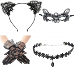 Katzenohren-Stirnband, 4 St&uuml;ck, Spitze, Katzen-Make-up-Maske, schwarze Spitze, Cosplay, Katzenkost&uuml;m-Zubeh&ouml;r, f&uuml;r Make-up-Partys und Party-Enthusiasten
