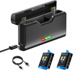 CITYORK akulaadija komplekt (2 pakki) GoPro Hero 12 Hero 11/10/9 Black jaoks koos USB-kaabli ja C-t&uuml;&uuml;pi kolmekanalilise pesaga, aku hoiukast LED-indikaatoriga (1 laadija + 2 akut)