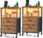 Nachttisch - Nachttisch mit Ladestation - Nachttisch mit 2 gro&szlig;en Schubladen aus Stoff, 42 cm breiter Nachttisch mit LED-Lichtern f&uuml;r Schlafzimmer, Wohnzimmer