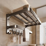 R&auml;tikuratas, 60 cm seinale paigaldatud 9 r&auml;tikukonksuga, 2 korrust, alumiinium + s&uuml;sinikterasest vannitoa r&auml;tikuhoidja, ei vaja puurimist, kahekordne 90&deg; kokkupandav r&auml;tikuratas vannitoa, k&ouml;&ouml;gi jaoks.