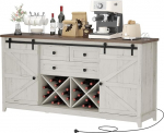 Lifewit Country Style Sideboard, k&ouml;&ouml;gikapp l&uuml;kanduksega, buffetkapp 2 pistikupesa / 2 USB-pesa, veiniriiulid, 3 sahtlit ja 2 kappi reguleeritava riiuliga, maastikuline valge v&auml;rvi