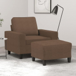 Bequemer Sessel mit gepolsterter Sitzfl&auml;che und Fu&szlig;hocker aus Stoff und Metallgestell in Braun