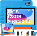 ZIOVO laste tahvelarvuti 10-tolline Android 13, 12GB RAM + 128GB ROM (TF 2TB), 5G WiFi, BT 5.0, Octa-Core 2.0 GHz, 5+8 MP, lastelukk, 6000 mAh, vanemliku kontrolliga tahvelarvuti koos Eva &uuml;mbrisega - sinine