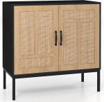 COSTWAY Sideboard 2 rotangist uksega, Boho puidust k&ouml;&ouml;gikapp, buffetkapp 3-suunalise reguleeritava riiuliga ja metalljalgadega, sahtlikapp k&ouml;&ouml;ki, s&ouml;&ouml;gituppa, elutuppa, 80 x 38 x 81 cm (must)