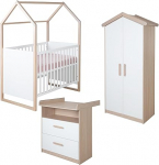 roba Cabane Baby Room Set 3-Piece - Baby & Cot 60 x 120 cm + Changing Unit + Children's Wardrobe 2-Door in House Look - White / Oak Decor