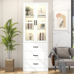 SUKY valge vitriinkapp 200 cm k&otilde;rge, seisev vitriinkapp 60 x 40 x 200 cm 3 sahtli ja 2 klaasukse vaheseinaga, 2 liikuvat LED-valgustit - stiilne t&auml;iendus teie kollektsioonile!