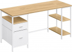 VASAGLE Arvutilaud Kontorilaud 3 riiuliga 2 sahtlit 160 x 60 x 76 cm Kontor Elutuba Moodne stiil Looduslik tammepuu Pilvivalge LWD105YD01