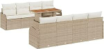 9-teiliges Garten Sofa Set mit Kissen Beige Poly Rattan Akazie, 2-Sitzer Garten Sofa mit Kissen Beige Poly Rattan Gartenlounge Model3349434