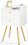 HOOBRO Bedside Table with Charging Station Modern Side Table with 2 Drawers and Open Shelf Sofa Side Table Metal Legs for Bedroom Living Room White and Gold EDW89CBZ01N1
