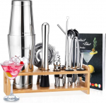 Godmorn Cocktail Shaker Set, Bartender Kit, 16 Pieces Boston Shaker Bar Tool Set, 304 Stainless Steel Martini Shaker with Bamboo Stand and Recipe Book, Drink Mixer Set for Home and Bar, Barware Set