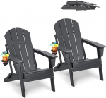 VEVOR Adirondack Plastic Chair, Set of 2, Weatherproof Portable Folding Fire Pit Chair, Adirondack Outdoor Patio Chair with Cup Holder for Garden, Backyard - Grey