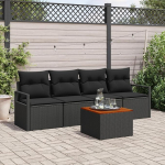 Rantry 5-Teiliges Garten-Sofa-Set mit Kissen Schwarz Poly-Rattan Akazie, 2-Sitzer Garten-Sofa mit Stauraum & Kissen Schwarz Poly-Rattan Gartenlounge Model3356308