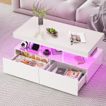 K&otilde;rgl&auml;ikega kohvilaud, elutoa laud 16-v&auml;rvilise LED ja 2 sahtliga, kaasaegne diivanilaud hoiuruumiga, k&uuml;ljelaud 5 riiuliga (valge, 104 x 53 x 46 cm)