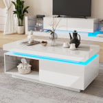 Valge kohvilaud LED-lambi ja 1 sahtliga, k&otilde;rgl&auml;ikega esik&uuml;lg ja kandik 100 x 50 x 40,3 cm - valge