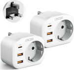 LENCENT 2 x reisiadapteri toiteadapter UK adapter Inglismaa Saksamaa pistik, 2 USB QC3.0 + 1 Type-C PD pordiga, G-t&uuml;&uuml;pi reisipistiku toiteadapter UK Iirimaa pistikupesa jaoks
