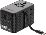 Verbatim GaN reisiadapter 100 W must, pistikupesa adapter integreeritud kaabliga ja 2 x USB-C, 2 x USB-A, 2 x USA/JP port, universaalne kiirlaadija MacBookile, iPhone 17, 16, &uuml;lemaailmsele kasutamisele