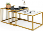 GOPLUS Set of 2 Square Coffee Tables, Side Tables with Marble Look and Gold Metal Frame, Spaceproof and Satbil, Nesting Table for Living Room, Bedroom, Easy Assembly