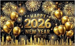 Head uut aastat 2026 Banner, eriti suur Happy New Year Banner, must kuldne ilutulestiku teema taust dekoratsioonideks, fotokabiini taust uue aasta &otilde;htu peotarvikud tarvikud aksessuaarid
