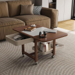 Kohvilaud t&otilde;stetava &uuml;lemise osa ja hoiuruumiga, kokkupandav kohvilaud ratastel koos sahtli avamisega, mobiilne s&ouml;&ouml;gilaud elutoa keskel