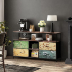 FEEOHOME LED teleri statiiv, 55-tolline teleri statiiv, telerilaud 4 puidust sahtliga ja hoiuriiulitega, terasraamiga, elutuppa v&otilde;i magamistuppa (v&auml;rviline, 137 x 78 x 30)