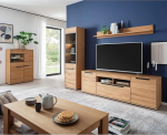 Lomadox Wohnm&ouml;bel Set Eiche teilmassiv modern 5-teilig, 1 Highboard, 1 Vitrine, 1 Wandboard, 1 Lowboard, 1 Couchtisch, LED-Beleuchtung - Massivholz/Echtholz/Furniert