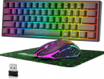 60% Juhtmevaba m&auml;nguklaviatuuri ja hiire kombineeritud komplekt 2,4 GHz laetav 3800 mAh vaikne 61 klahvi kompaktne klaviatuur Rainbow LED taustavalgusega + 2400 DPI 6 nuppu Rainbow LED hiir (must)