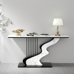 Moderne Konsole mit Sintersteinplatte,Minimalistischer Sofatisch mit Schmiedeeisenrahmen,Eingangstisch im Harfen-Design f&uuml;r Flur,Einfache Montage,f&uuml;r Wohnzimmer,B&uuml;ro(White+Black,150cm)