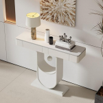Halbmond-Konsole f&uuml;r den Eingangsbereich mit Zwei Schubladen, luxuri&ouml;ser Sofatisch f&uuml;r Flure mit schmaler Schieferplatte, kreative U-f&ouml;rmige Metallbasis(White A,80cm/31.5in)