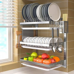 2-st&ouml;ckiger Wand-Geschirrst&auml;nder aus Edelstahl mit Abtropfschale, platzsparender K&uuml;chenorganizer f&uuml;r Teller, Sch&uuml;sseln und Tassen, rostfreier Besteckhalter, einfache Montage ohne Bohren