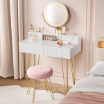 VASAGLE Dressing Table with Stool and Lighting, Power Strip, Mirror, Dressing Table, 40 x 80 x 134.8 cm, Cosmetic Table with Drawers, Padded Stool, Matte White / Pale Gold RVT019W01